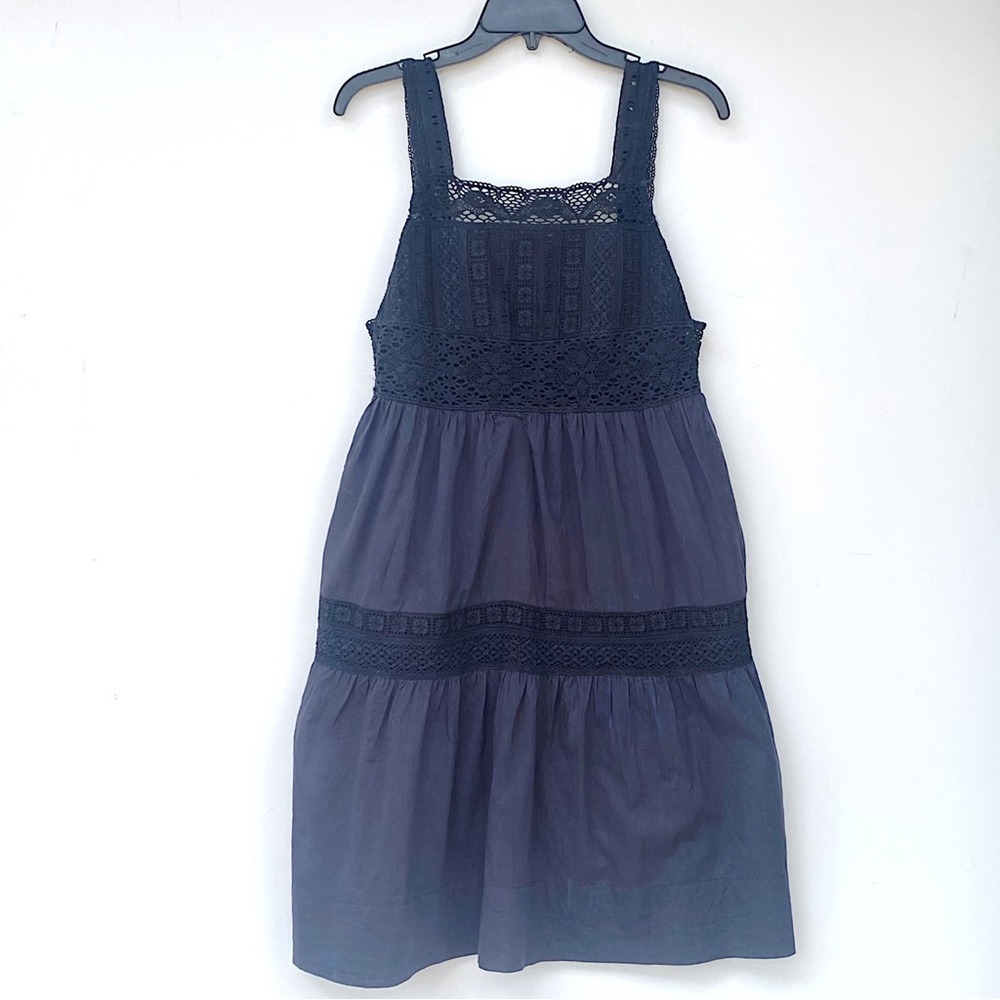 ROBERTA ROLLER RABBIT Size XS Lace Tiered Dress Sleeveless Cotton Navy Blue Boho